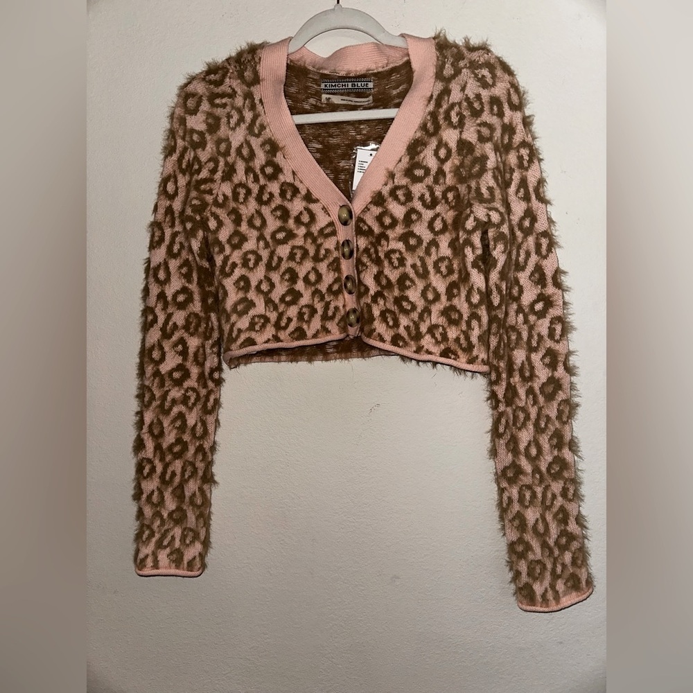 Kimchi Blue animal print fuzzy cropped button front Meo cardigan S fall